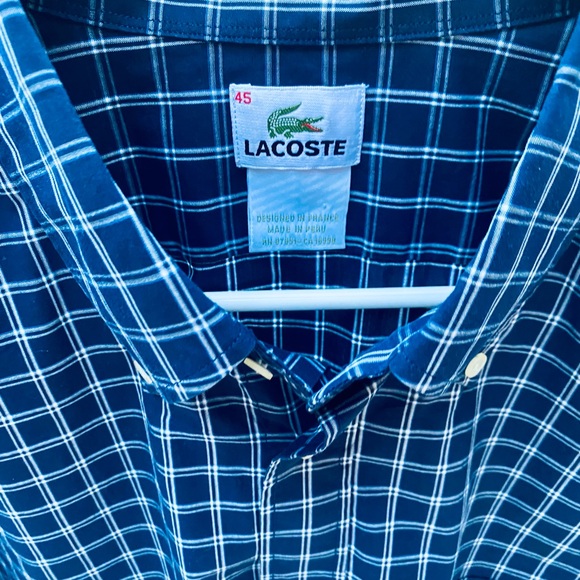 LACOSTE MENS LONG SLEEVE BUTTON DOWN SHIRT SZ45/XXL NAVY BLUE/WHITE SMALL CHECKS - Picture 2 of 10